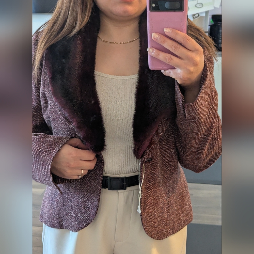 Women's Purple Tweed Jacket with Faux Fur Collar